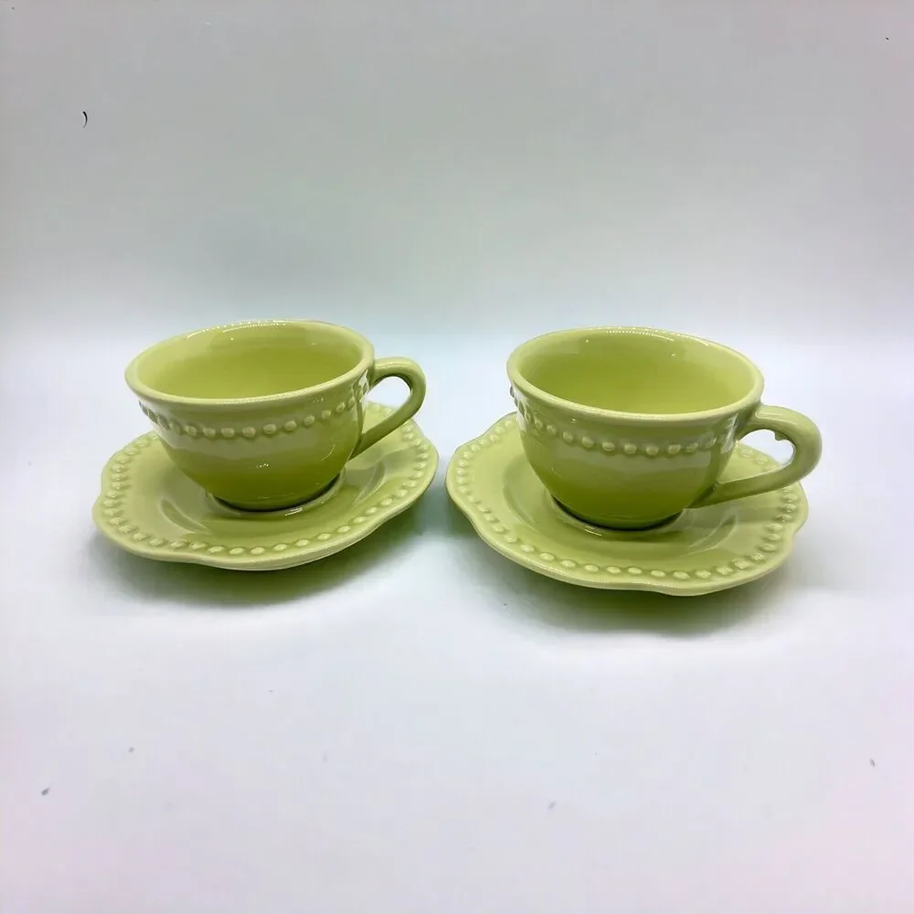 SET OF 2 POTTERY BARN EMMA GREEN BEADED CUP & SAUCER SETS PORTUGAL